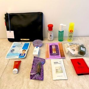 Black faux leather makeup bag with samples